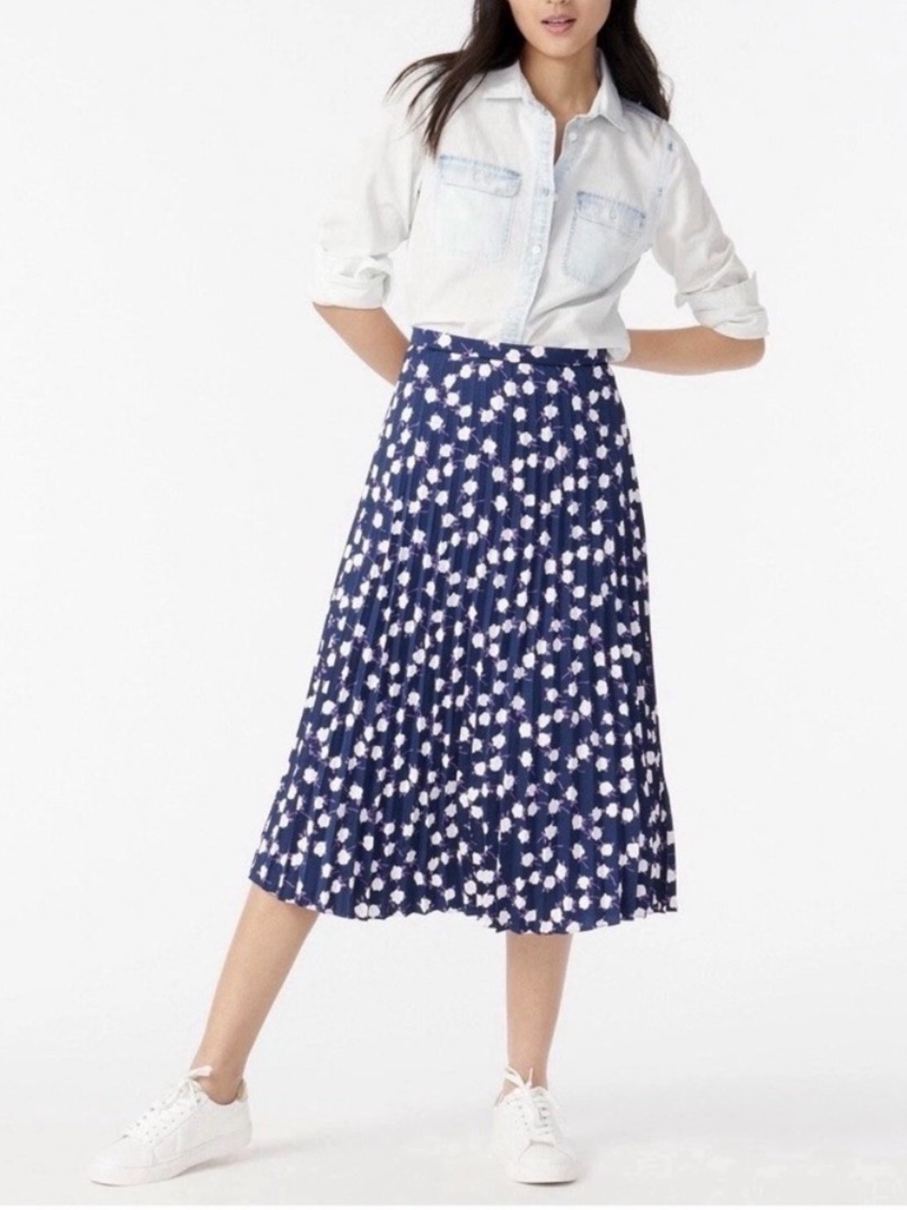 J.Crew Floral Pleated Midi Skirt Size 0 Navy Purple White